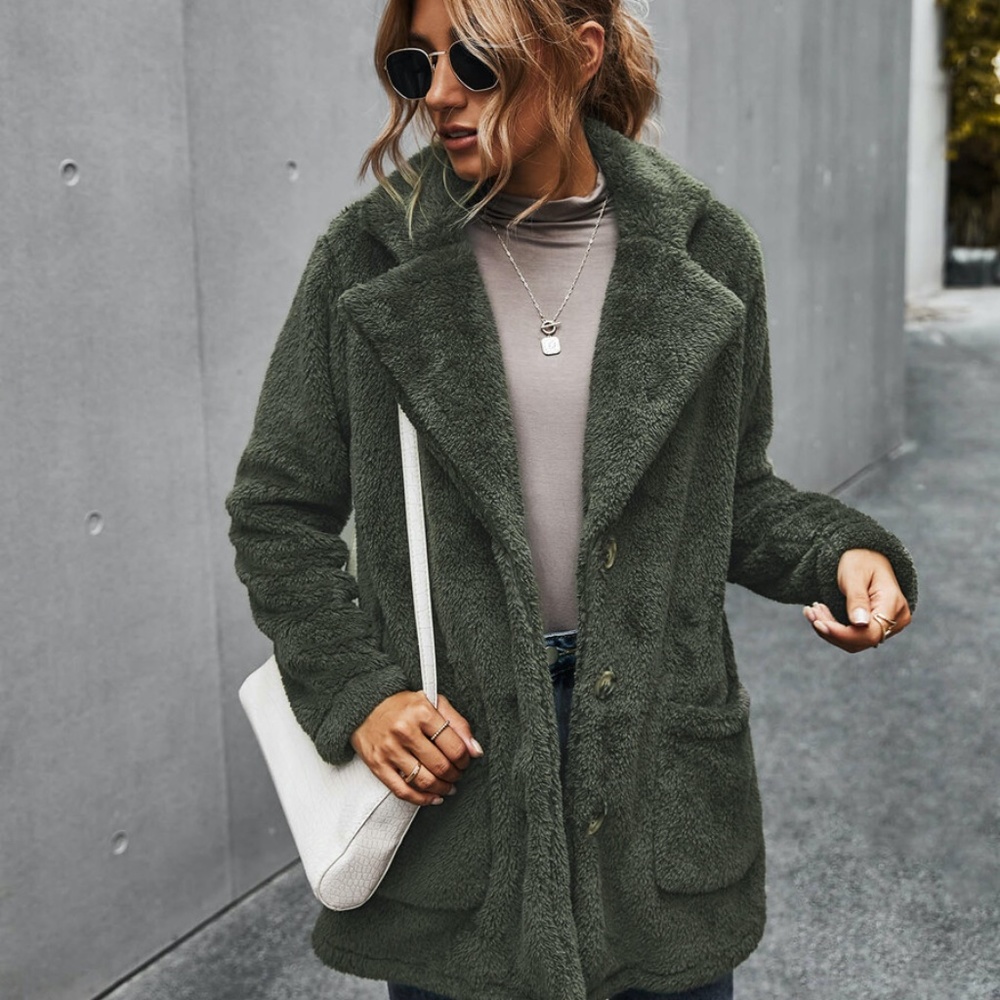 black comfy button pocket teddy trench jacket - Picture 8 of 11